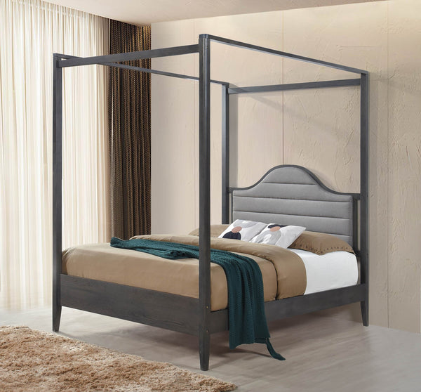 English Elm Upholstery Canopy Queen Bed with Padded Headboard, Solid Wood Frame, Elegant Modern Bedroom Centerpiece Brown Mix 64 L x 34.75 W x 4 H B011S01357