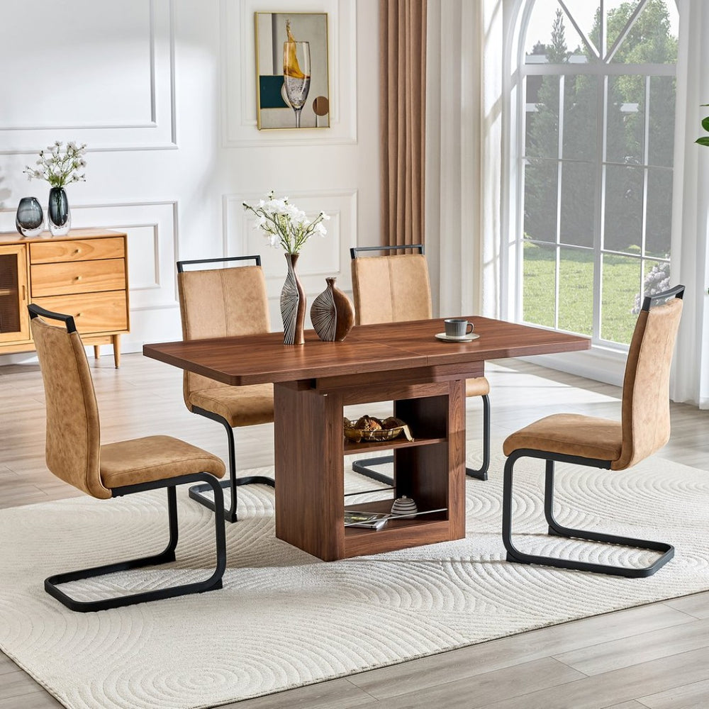 English Elm Expandable Walnut Dining Set with 4 Techno Fabric Chairs for Modern Kitchen W1151S04707