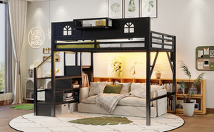 English Elm Metal Queen Loft Bed with L Shaped Desk Wardrobe Led Lighting and Usb for Teens Black W2593S00061