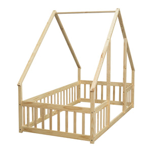 English Elm Twin Wood House-Shaped Floor Bed with Fence and Guardrails – Playful Pine Frame for Imaginative Kids Retreat Natural W504P143291