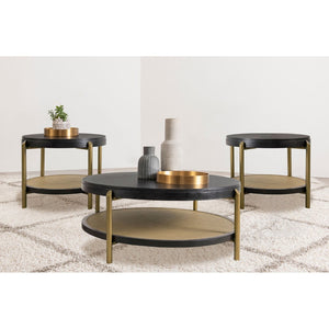 English Elm Benson Round Coffee and End Table Set with Brass Legs Rattan Shelf Accent B062S01404
