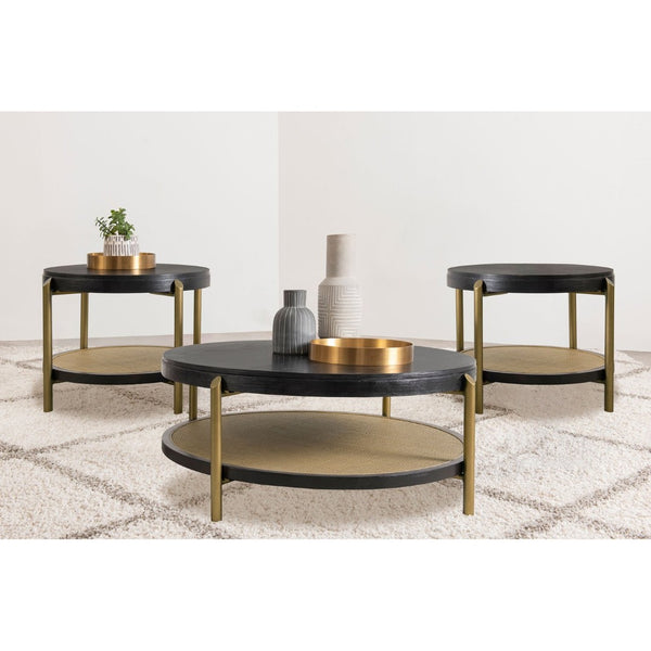 English Elm Benson Round Coffee and End Table Set with Brass Legs Rattan Shelf Accent B062S01404