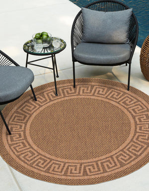Unique Loom Outdoor Border Greek Key Machine Made Geometric Rug Brown, Light Brown/Gold 6' 1" x 6' 1"