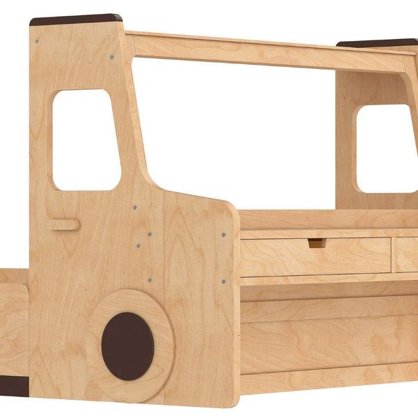English Elm Full Size Car Shaped Kids Platform Bed with Storage Drawers Integrated Desk Pine Wood Natural W1580S00489