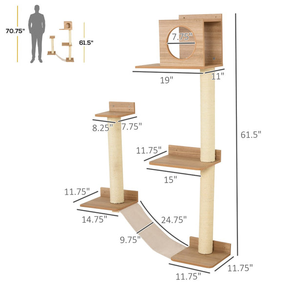 English Elm Pawhut Wall Mounted Pine Cat Tower with Sisal Posts Condo and Climbing Platforms W2225P217049
