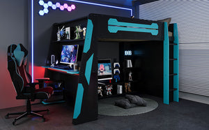 English Elm Full Size Wood Loft Bed with Rgb Lighting Desk Storage and Gaming Console Shelf Blue LT000260AAC