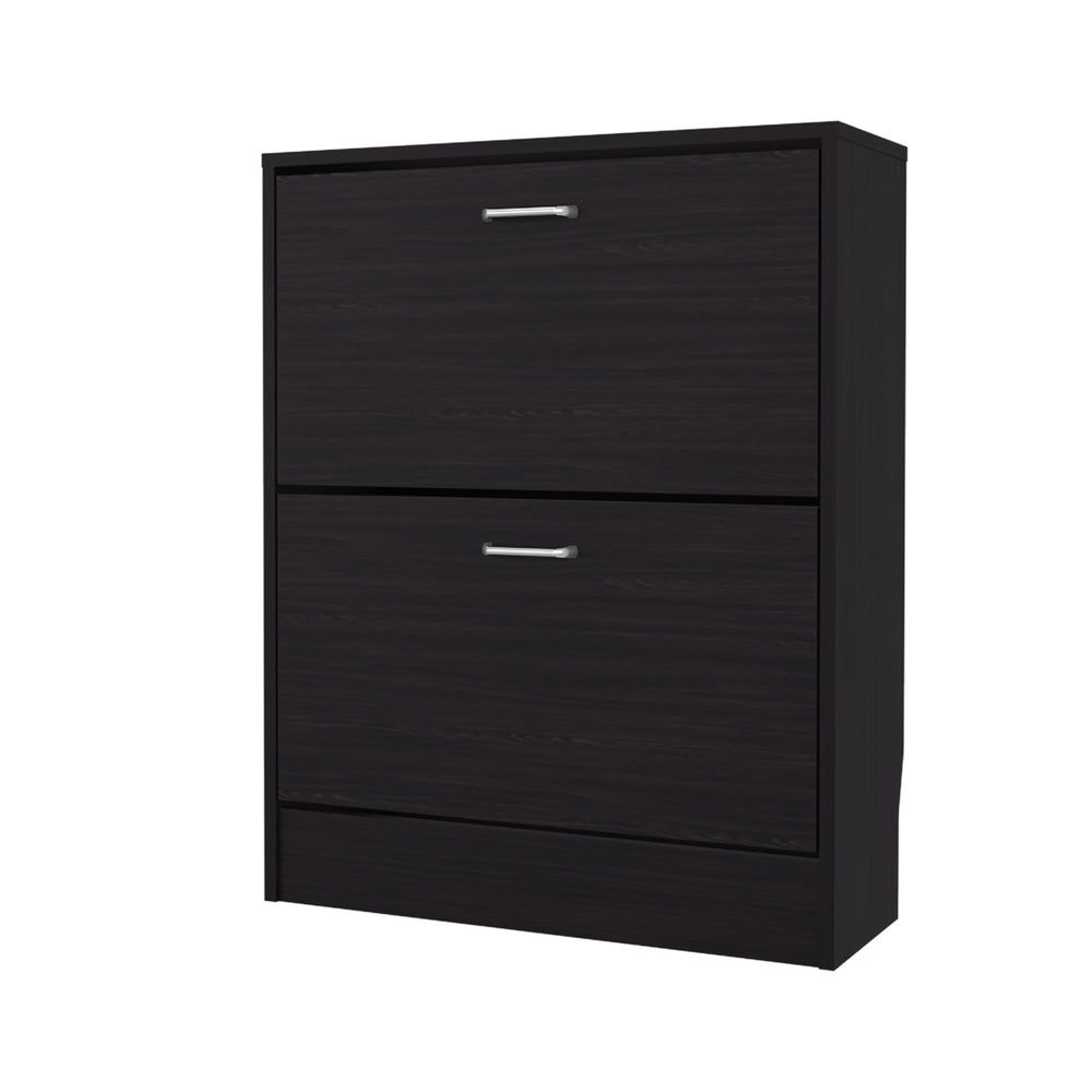 English Elm Ozzy Slim Shoe Cabinet with 2 Tilt-Out Doors, Scratch-Resistant Melamine, Space-Saving Modern Storage Wenge 38.59 L x 23.63 W x 4.73 H B128P375274