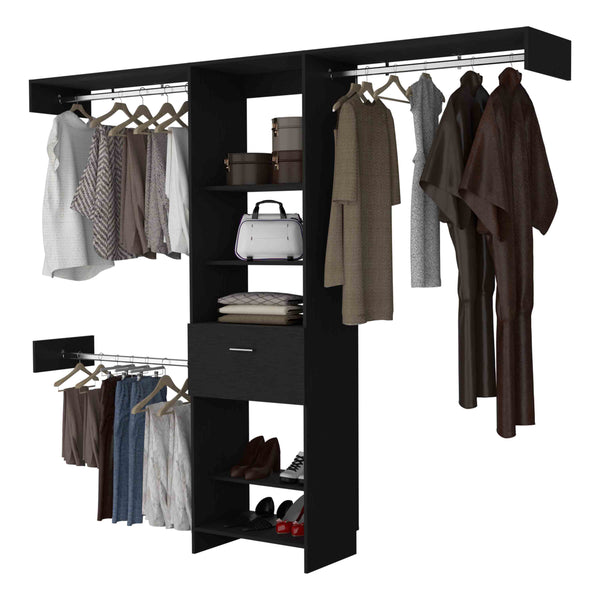 English Elm Cross Closet System premium organizer with one smooth drawer, three metal rods and five open shelves for versatile storage and style Black 82.68 L x 20.48 W x 3.55 H B128S00083