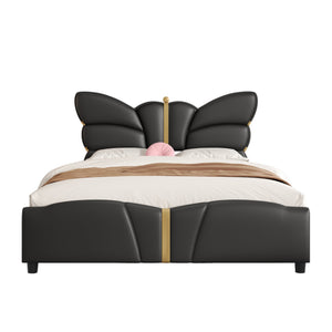 English Elm Christopher Knight Home® - Full Upholstered PU Leather Bed Frame with Butterfly Headboard, Gold Accents, Solid Wood Platform Black 78.25 L x 10 W x 3.25 H N761S0000018B