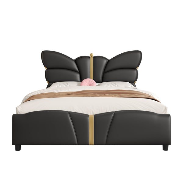 English Elm Christopher Knight Home® - Full Upholstered PU Leather Bed Frame with Butterfly Headboard, Gold Accents, Solid Wood Platform Black 78.25 L x 10 W x 3.25 H N761S0000018B