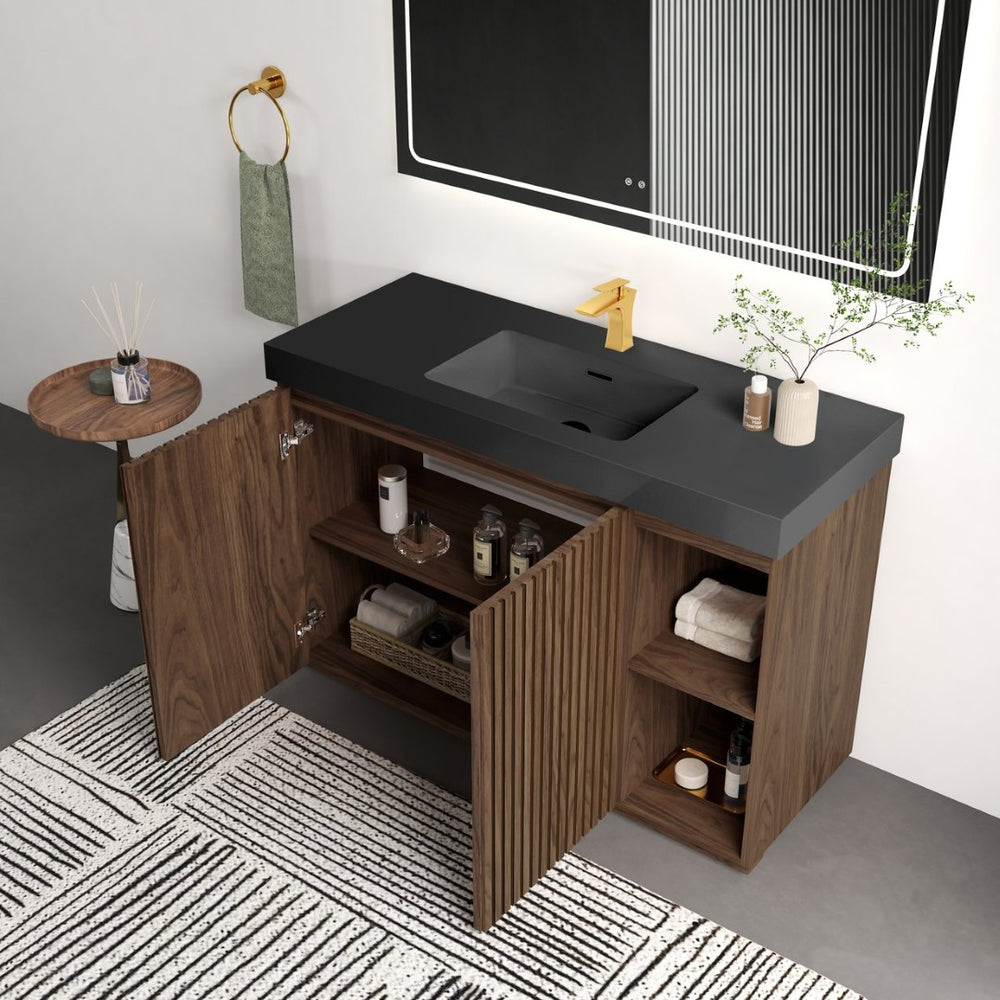 English Elm Grace Floating Walnut Vanity with Solid Surface Sink and Soft Close Storage Drawers Walnut Brown W1865S00226