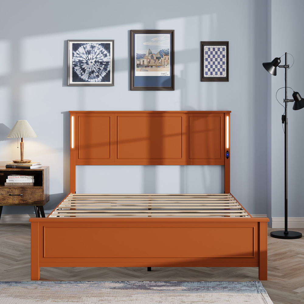 English Elm Queen Platform Bed Frame with Antique Brown Wood Headboard, USB/Type-C Charging & LED Light Bar W636P193308