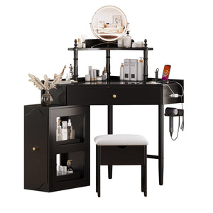 English Elm Corner Vanity Desk Set with Stool Charging Station Glass Top Pull-Out Cabinet Jewelry Organizer Black 35.82 L x 32 W x 8 H N733P336237B