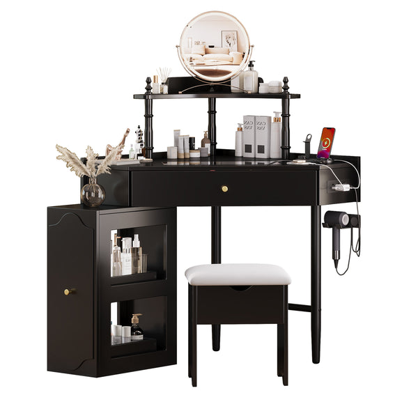 English Elm Corner Vanity Desk Set with Stool Charging Station Glass Top Pull-Out Cabinet Jewelry Organizer Black 35.82 L x 32 W x 8 H N733P336237B