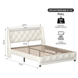 English Elm Full Bed Frame with Headboard and RGB LED Lighting, Built-In Charging Station, Silent Slats Support White T3825P387414