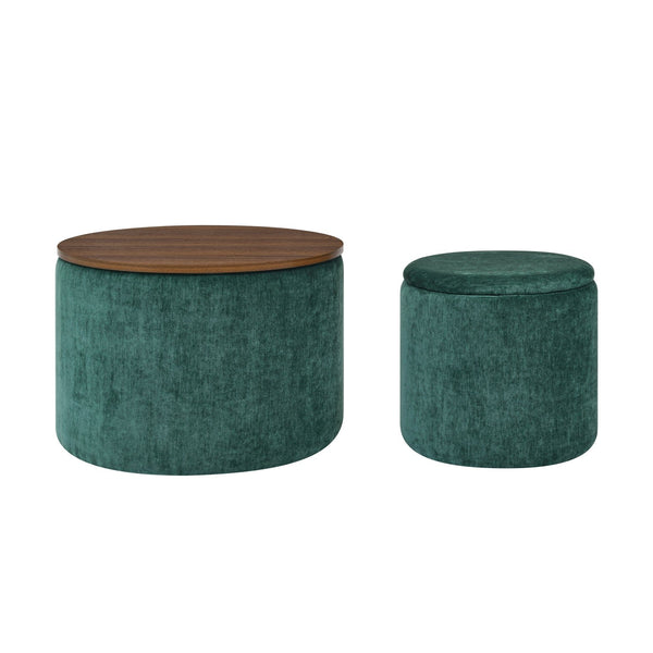 English Elm 2-Piece Round Chenille Storage Ottoman Set with Hidden Compartment and Sturdy MDF Top for Home Decor Dark Green W487P179603