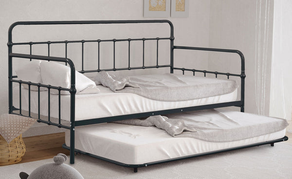 English Elm Black Twin Metal Daybed with Trundle, Contemporary Pipe-Frame Design, Space-Saving Guest Dorm Solution B2741P364824