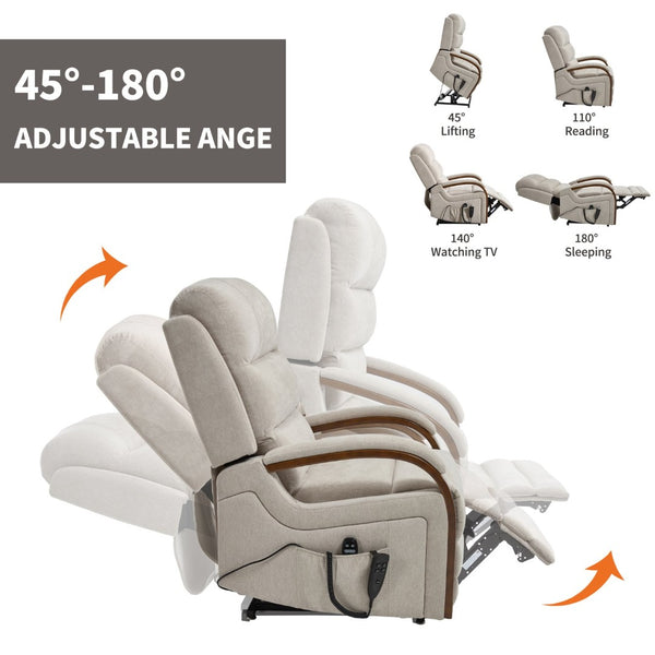English Elm Power Lift Recliner Chair Chenille Upholstery Dual Motor Heat Massage Solid Wood Arms Beige W1803S00077