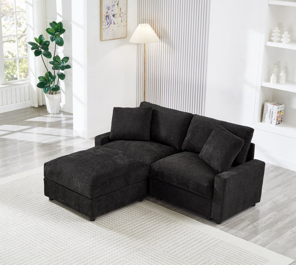 English Elm 72.05" L-shaped Sectional Sofa Cloud Cushion Polyester with Storage Ottoman Small Space Black W1669S00053