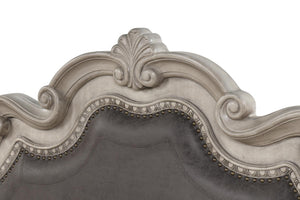 English Elm Gray Upholstered Canopy King Bed Carved Posts Nailhead Trim Grand Bedroom B2699S00119