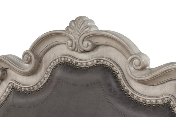 English Elm Gray Upholstered Canopy King Bed Carved Posts Nailhead Trim Grand Bedroom B2699S00119