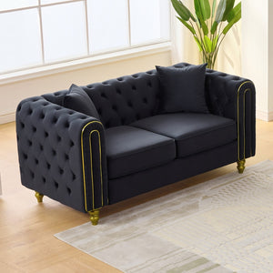 English Elm 3 Piece Chesterfield Velvet Sofa Set Button Tufted with Gold Legs for Living Room Black W3373S00084