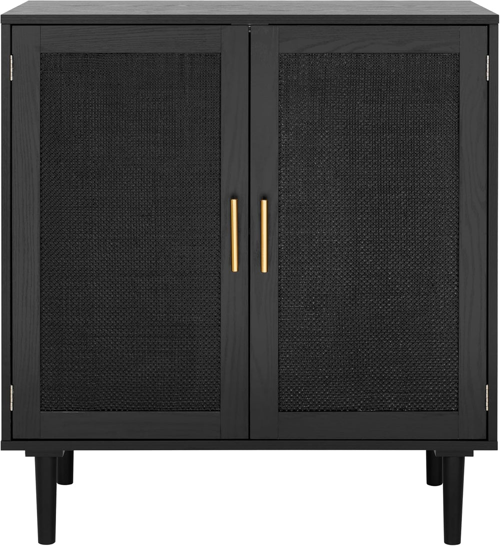 English Elm Sideboard Black Painted Rattan Door Buffet Cabinet 31.5" Large Storage MDF Solid Wood Legs, Boho Chic W295P301483