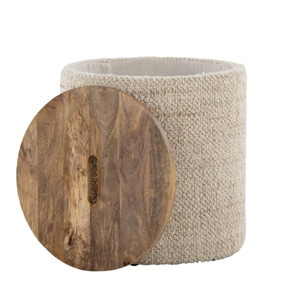 English Elm Wood Lidded Storage Ottoman Handwoven Wool Artisan Texture for Bohemian Living Spaces B202P471523