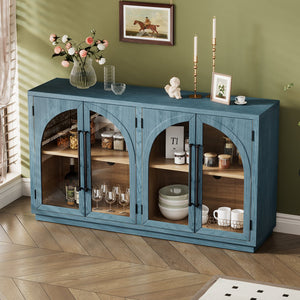 English Elm TREXM Arched Glass Door Sideboard Buffet Cabinet with Adjustable Shelves, Cable Management, 64" Navy XW000021AAM