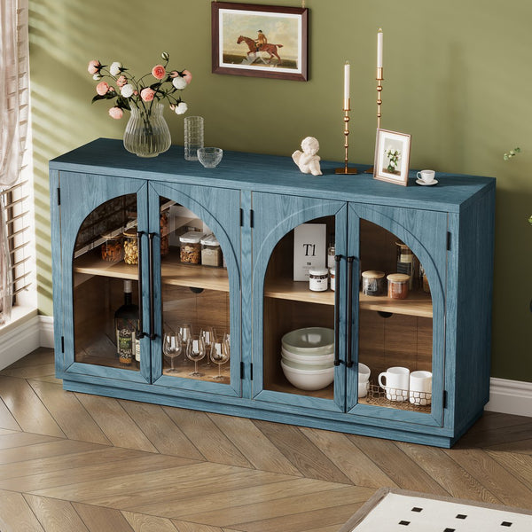 English Elm TREXM Arched Glass Door Sideboard Buffet Cabinet with Adjustable Shelves, Cable Management, 64" Navy XW000021AAM