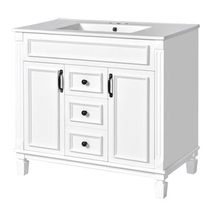 English Elm 36'' Bathroom Vanity with Sink and Mirror Cabinet, Modern MDF & Solid Wood Design, Ceramic Top, Soft-Close Doors White SW000115AAK-1