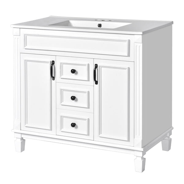 English Elm 36'' Bathroom Vanity with Sink and Mirror Cabinet, Modern MDF & Solid Wood Design, Ceramic Top, Soft-Close Doors White SW000115AAK-1