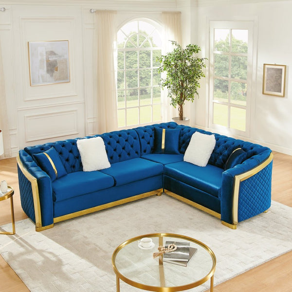 English Elm 106 Inch Velvet Tufted Chesterfield Sectional with Gold Steel Legs for Large Living Rooms Blue W1191S00126