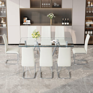 English Elm Tempered Glass 9 Piece Rectangular Dining Set Seating Eight with Chrome Sled Chairs Silver,White W3875S00051