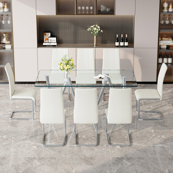 English Elm Tempered Glass 9 Piece Rectangular Dining Set Seating Eight with Chrome Sled Chairs Silver,White W3875S00051