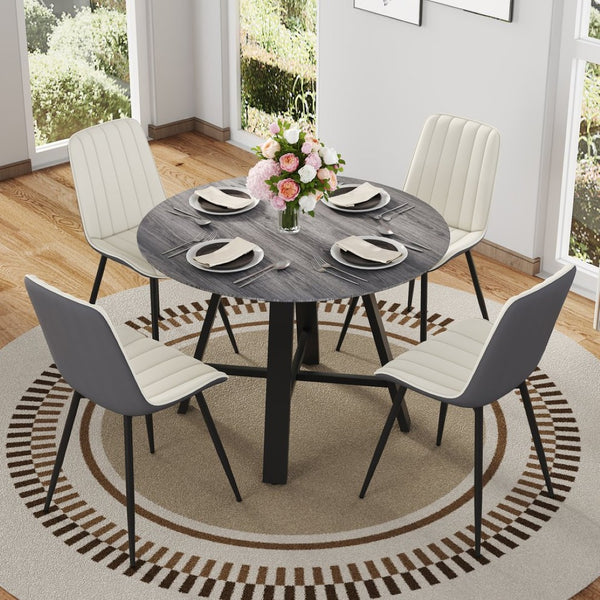 English Elm Table Modern Minimalist 42" Round Dining Set With 4 Ergonomic Pu Leather Chairs In Gray & White W1151S03394-GIGA