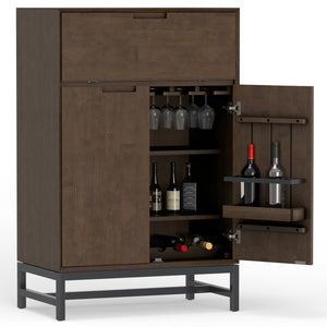English Elm Banting Bar Cabinet Walnut Brown – Handcrafted Rubberwood & Metal Base, Wine Storage, Stemware Rack B136P362543