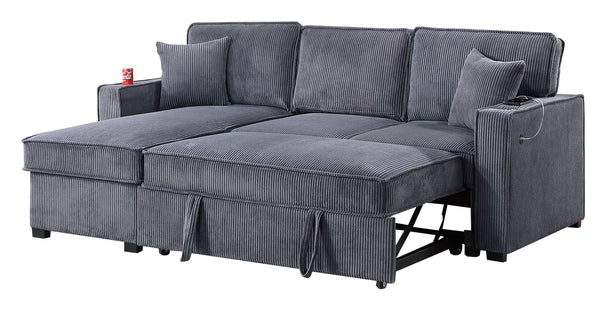 English Elm Convertible Corduroy Sectional Sofa with Reversible Chaise, Hidden Storage, USB Port & Pull-Out Bed Dark Gray 60 L x 30 W x 19 H B011S01243