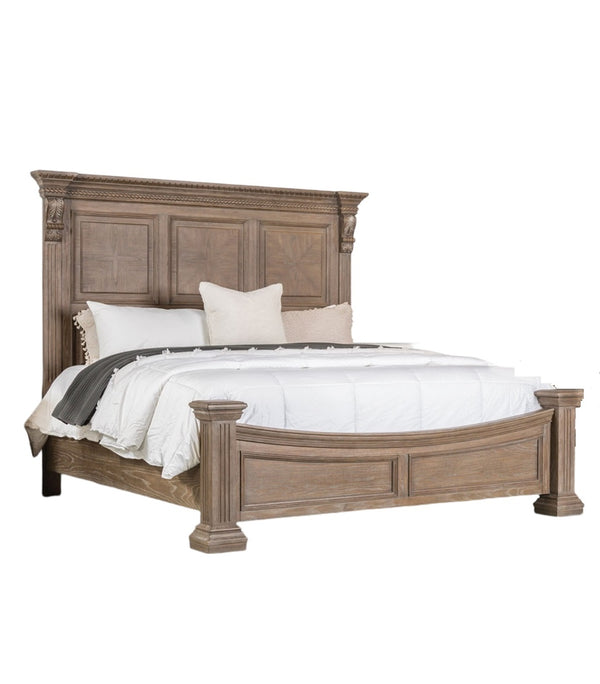 English Elm Formal Weathered Panel Queen Bed with Carved Dentil Moldings, Reeded Posts and Rustic Finish Oak 83 L x 13 W x 6 H B2741S00742
