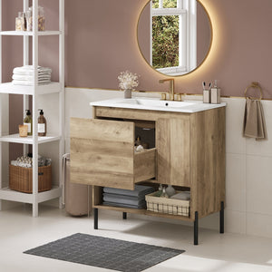 English Elm 30" Modern Wood Bathroom Vanity with Ceramic Sink, Soft-Close Door, Drawer Dividers & Open Shelf N710P247136P