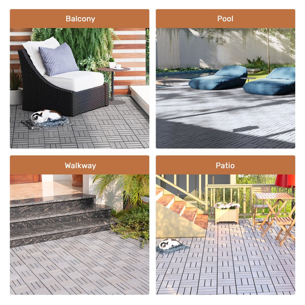 English Elm 30 Interlocking Deck Tiles Checker Pattern 12" x 12" Acacia Hardwood Outdoor Flooring Waterproof, DIY-Friendly, Mold-Resistant Light Gray W2391P288857