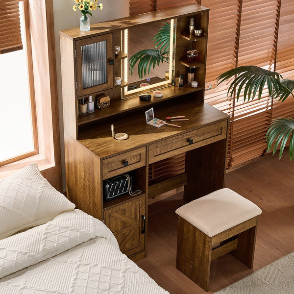 English Elm Farmhouse Makeup Vanity Desk with Lighted Mirror, Built-In Charging Station, Ample Storage and Stool Rustic Brown N844P291652W