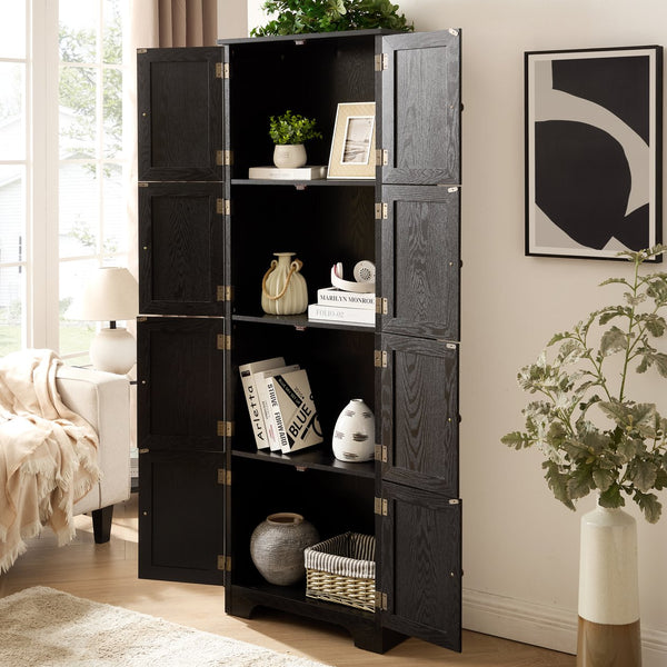 English Elm 72.4" Tall Storage Cabinet with 8 Doors and 4 Shelves, Oak Finish Large Freestanding Organizer for Home Black W2275P292651