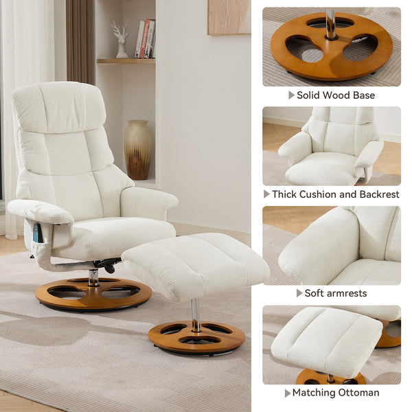 English Elm 010-Ergonomic Recliner Chair with Ottoman — 360° Swivel Lounge, Chenille Comfort, Heated Seat, Massage, Adjustable Backrest White W2636P262424