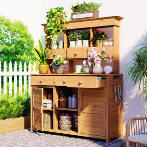 English Elm Topmax Fir Wood Hutch Potting Bench with Drawers Shelves Mudroom Storage N717P229024A