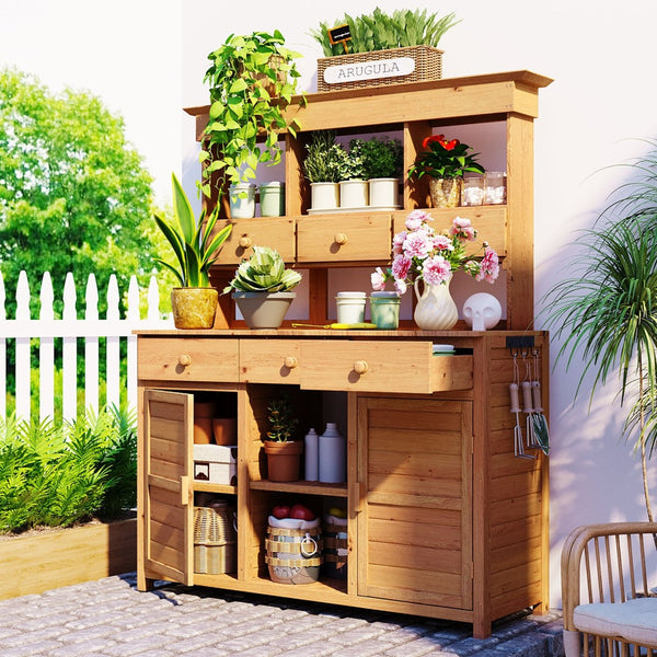 English Elm Topmax Fir Wood Hutch Potting Bench with Drawers Shelves Mudroom Storage N717P229024A
