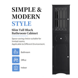English Elm Tall Bathroom Cabinet Slim Freestanding Storage with Drawer & Doors, Adjustable Shelves, MDF Build Black WF289427AAB