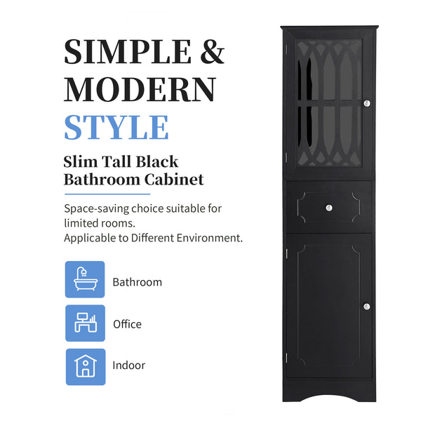 English Elm Tall Bathroom Cabinet Slim Freestanding Storage with Drawer & Doors, Adjustable Shelves, MDF Build Black WF289427AAB