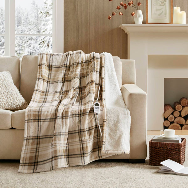 English Elm 1-piece Aztec Heated Throw with 12 Settings Auto Shutoff Soft Ivory Boho Blanket Tan Plaid B035P408330