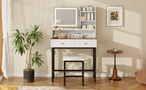 English Elm Makeup Vanity Set with Rotating Led Mirror Amber Glass Top Drawers and Charging Station N704P385441K